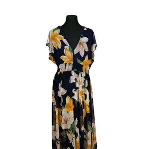 Kate And Lily Floral Maxi Dress V-Neckline Stretch Waist‎ Navy With Floral Print